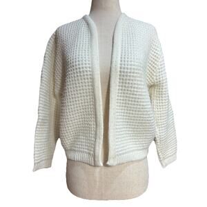 Vintage 70s Women’s Waffle Knit Cropped Open Cardigan Size S Preppy Retro Chic